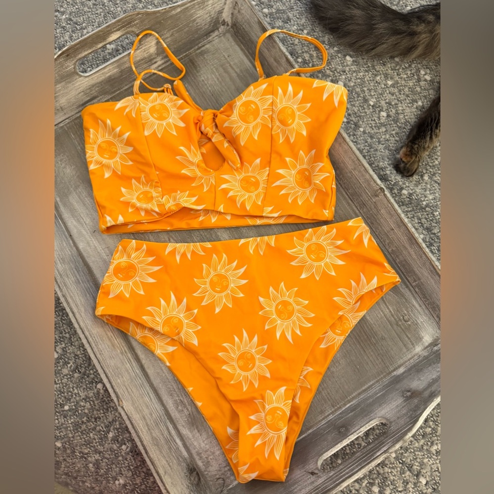 ZAFUL orange and white sunflower print bikini set, high-waisted bottoms